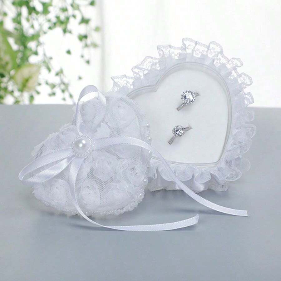 1 pieza Caja portátil con forma de corazón para propuesta, con adorno de encaje y flores, almohada para anillo de boda para niña de las flores, Navidad - Blanco - Ver 1