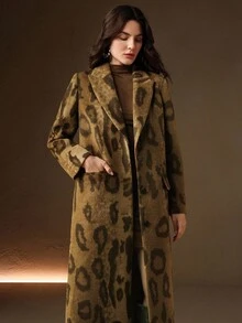 Anewsta Brown Animal Leopard Print Single-Breasted Notched Collar Long Sleeve H-Line Long Overcoat - Brown - View 9
