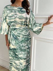 Modelyn 2pcs Women's Round Neck Allover Print Mid-Sleeve Top And Pleated Hem Skirt Set 2 Pieces Set - Green - View 5