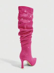 CUCCOO SZL 女士尖头高跟紫红色皱纹水钻装饰性感及膝靴，适合夜总会、派对、聚会，粉色 - 玫紅色 - 查看 6