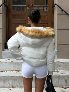 Muchica Winter Clothing Women's Halloween Sweater Gothic Clothing Fashionable Versatile Fur Collar Hooded Jacket, Winter Coat Down Jacket White Splicing Fur Collar Down Ski Suit,Fall