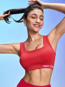 SHEIN Sovereign Charm 1 件基本款无缝运动文胸，吸湿排汗面料，罗纹设计，红色，适合健身、瑜伽 - 紅色 - 查看 4
