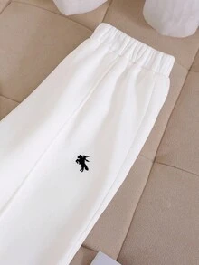 SHEIN Tween Girl Black And White Equestrian Embroidered Oversized Thermal Sweatshirt & Pleated Wide Leg Sweatpants Set,Autumn Casual School Back-To-School - White - View 4
