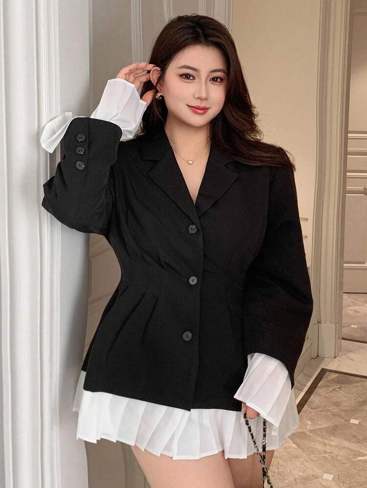 Dazy Plus Plus Size Women's Elegant Casual Black Jacket With Contrast Color Patchwork Hem, Turndown Collar And Cinched Waist, Autumn Women Coats