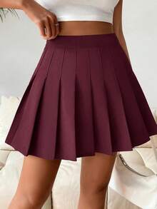 SHEIN PETITE Saia/shorts plissado feminino, cor sólida, elegante, casual, para viagem, estilo escolar, primavera/verão - Borgonha - Ver 3