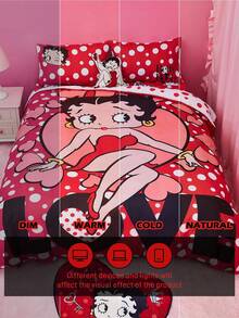 Betty Boop x SHEIN 波点爱心图案被套套装，温暖柔软，多种尺寸可选，三件套，礼品之选，派对、节日、情人节适用 - 彩色 - 查看 11