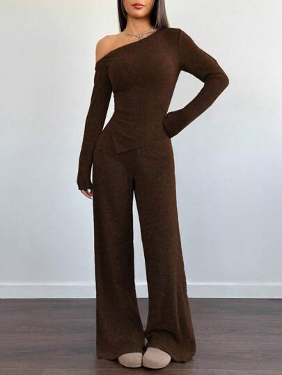 FavEase Women's Casual Asymmetrical Shoulder Fuzzy T-Shirt + Wide Leg Low Waist Pants 2 Pieces Set, Winter Fall Cloth For Women