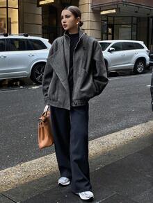 DAZY 女士立领双排扣拉链宽松休闲夹克冬季女式外套 - 深灰色 - 查看 9