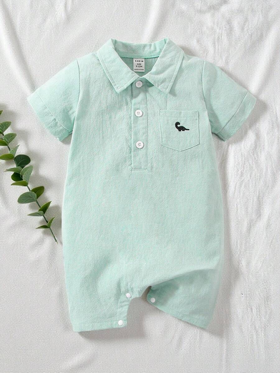 SHEIN Vintaside Kids Baby Boy Dinosaur Embroidery Button Half Placket Romper