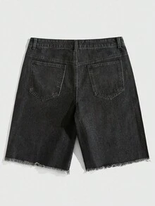 ROMWE MEN Goth Pantalones cortos de mezclilla con bordado de cruz y strass para hombres - Negro - Ver 2