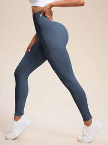 Easithlete 女士高腰无缝高弹力哑光运动紧身裤高腰打底裤无缝打底裤瑜伽裤 - 藏蓝色 - 查看 5