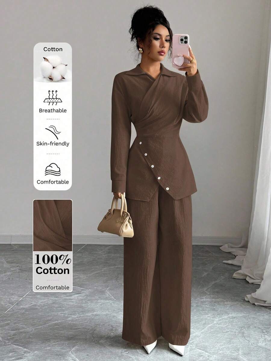 Modelyn 2件套女士梭织领长袖系带有机棉修身套装 - 棕色 - 查看 1