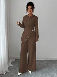 Modelyn 2件套女士梭织领长袖系带有机棉修身套装 - 棕色 - 查看 5