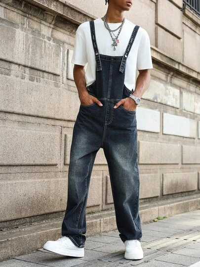 Manfinity EMRG Men's Navy Blue Loose Casual Jumpsuit With Suspenders Suitable For All Seasons, Simple And Casual