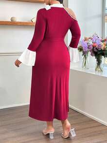 Modelyn Plus Size Women Tie Bow Ruffle Shoulder Rhinestone Embellished Bodycon Elegant Dress, Suitable For Commute And Party - Red - View 2