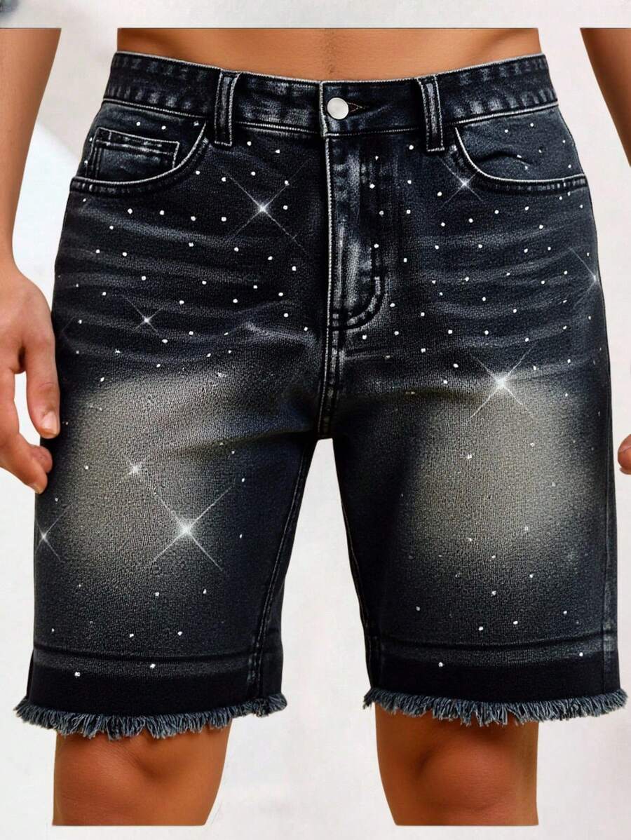 Manfinity VCAY Jeans de mezclilla rectos de tiro medio lavados con adornos de rhinestone para hombre - Negro - Ver 1