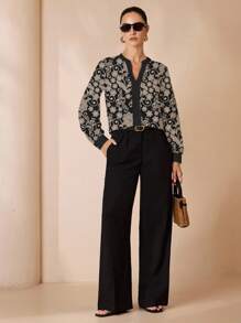 Glamance Ayrana Barboza 女士优雅通勤复古长袖 V 领衬衫，办公室服装，黑色花卉衬衫印花衬衫女式衬衫 - 彩色 - 查看 4