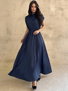 Firerie 女式海军蓝中式立领荷叶边无袖缎面长裙，优雅的女士日常通勤连衣裙，春/秋/冬，优雅，通勤，浪漫，约会，派对，婚礼季，毕业典礼，毕业舞会，表演服，音乐会，工作服，女士生日礼服，女教师装 - 藏蓝色 - 查看 7