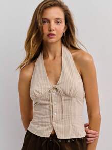 Nöista 浅色条纹露背上衣，带有蝴蝶结细节和前纽扣 - 非常适合乡村女装、校服和秋季女装。 - 棕色 - 查看 1