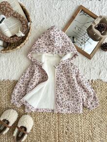 SHEIN Baby Girl Casual Ditsy Floral Fleece Hooded Jacket, Autumn/Winter Fall - Apricot - View 1