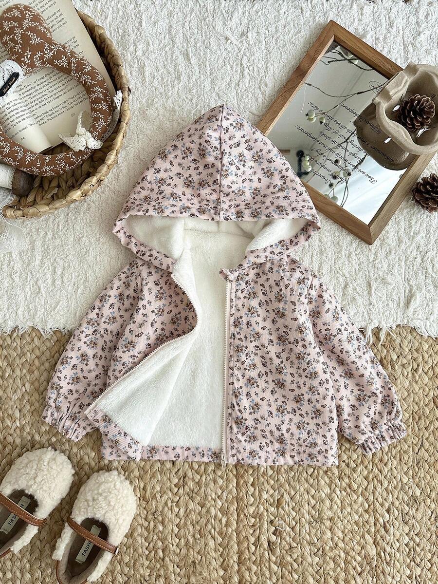 SHEIN Baby Girl Casual Ditsy Floral Fleece Hooded Jacket, Autumn/Winter Fall - Apricot - View 1
