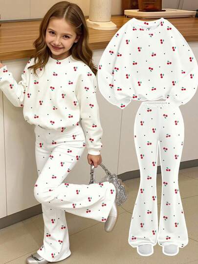 SHEIN Leap Crew Retro Sweet Mini Cherry Print, Ballerina Style, Teen Girls Casual Loose Fit Crew Neck Long Sleeve Sweatshirt And Flare Pants 2 Piece Set, Back To School, 2000s Style, Y2K, Korean Style, Autumn/Fall, Homecoming, Winter, Grunge, Striped, Easy Comfort, Stylish Kids, Hippie Music Festival