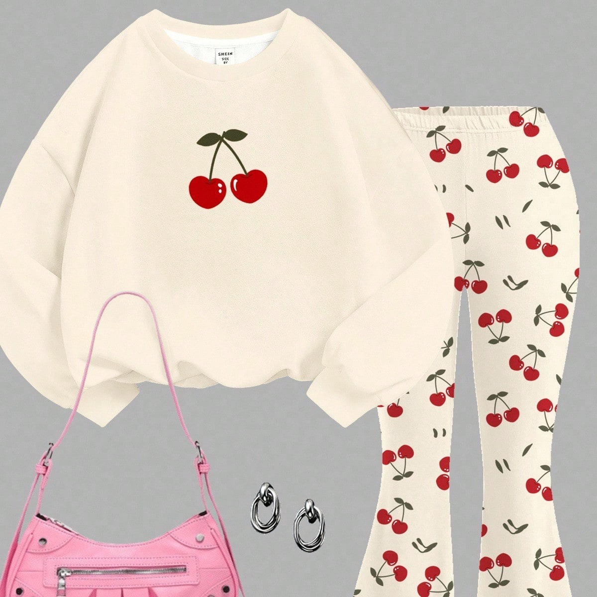 Conjunto informal de 2 piezas para niñas preadolescentes con sudadera de cuello redondo holgada con estampado de cerezas retro y pantalones acampanad