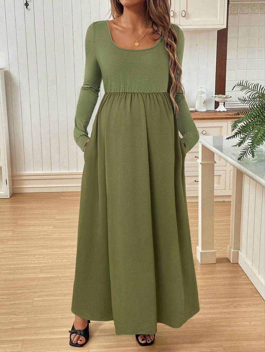 SHEIN Vestido de maternidad de unicolor con drapeado para otoño - Verde militar - Ver 1
