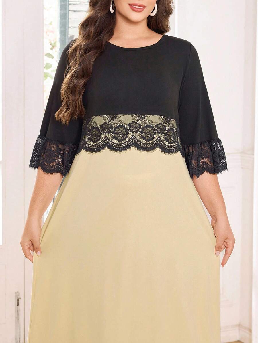 Lacomfia Große Größen Sommer Elegantes Farbblock Patchwork Kleid - Verschiedenfarbig - Übersicht 1