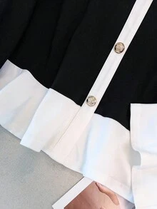 GlowEve CURVE 大码女式优雅休闲荷叶边撞色长袖 T 恤，圆领喇叭袖，纽扣装饰，简约剪裁设计上衣