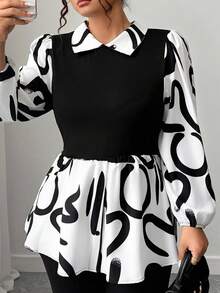 Elenzga Plus Size Fashionable Commuter Contrast Color Print Patchwork Shirt Fall Cloth For Women