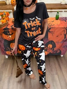 CoupledUp Women's Halloween Pumpkin, Bat, Ghost Cartoon Print Knit Short Sleeve Pajama Set - Black - View 5