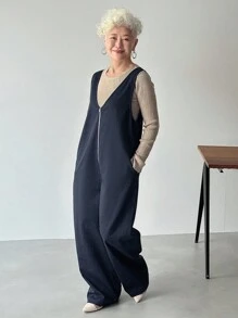 FRIFUL Damski jednokolorowy, bezrękawnik, dekolt w serek, zamek błyskawiczny, prosty, luźny, swobodny kombinezon, uniwersalny strój na lotnisko, jesienny kombinezon - Szary - Zobacz 2