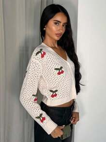 Glamine 女士樱桃图案镂空长袖单排扣休闲薄款开衫 - 杏色 - 查看 1