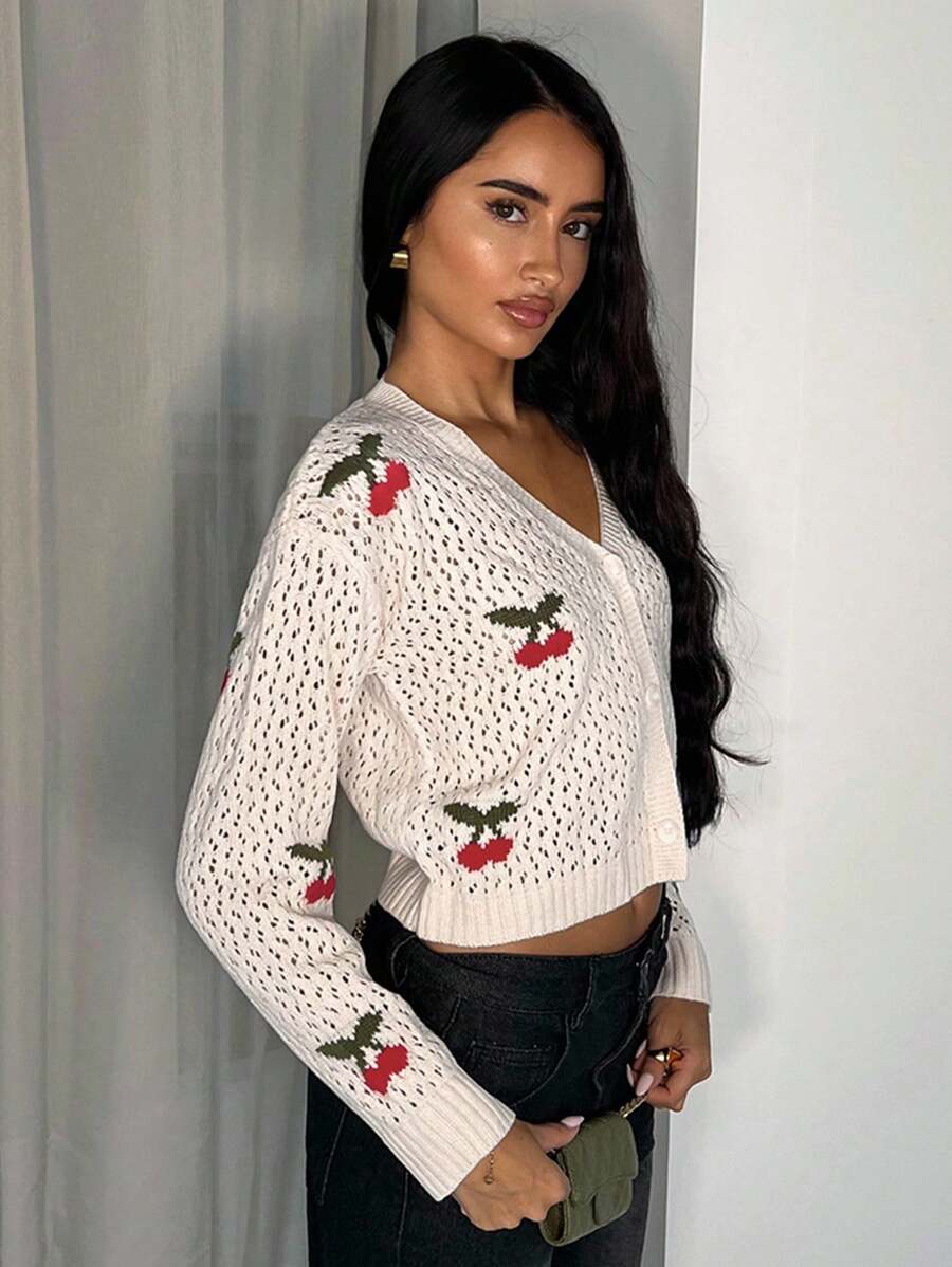 Glamine 女士樱桃图案镂空长袖单排扣休闲薄款开衫 - 杏色 - 查看 1