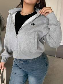 Dazy Plus Jachetă sport casual cu glugă, model brodat, cu guler din blană artificială, crop, model patchwork, pentru femei, mărime mare, primăvară/toamnă