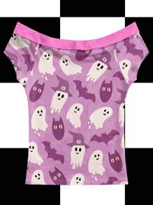 Maryam Alam Y2K Style Women's Off-Shoulder T-Shirt, Pink, Creative Graffiti Cartoon Ghost, Bat Print For Halloween, Sweet & Spicy Halloween Shirt Ghost Shirt Cat Shirt Kawaii Shirt Cute Shirt Cute Halloween Shirt Bat Shirt Kawaii Halloween Shirt - Pink - View 2