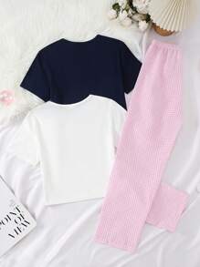 少女数字和星星格子刺绣短袖上衣搭配粉色格子裤家居服套装 - 彩色 - 查看 2