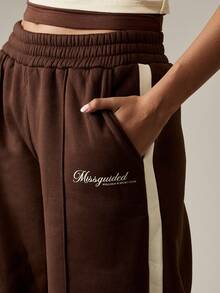 MISSGUIDED Wide Leg Sweatpants Retro Style Side Stripe Detail Loungewear Relaxed Fit Elastic Waist Casual Winter Comfort Pants - Rust Brown - View 4