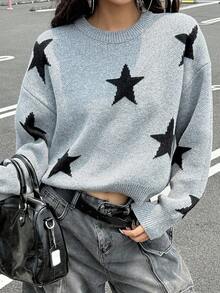 DAZY 女式宽松圆领印花街头风毛衣秋季 - 灰色 - 查看 10