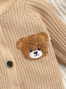 SHEIN Newborn Baby Cute Bear Patch Hooded Knit Romper, Autumn/Winter Baby Knit Romper Baby Romper Bear Baby Knit Jumpsuit Baby Hooded Romper Baby Sweater Romper Fall - Khaki - View 6