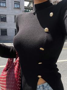 Strévra 女士秋季高领金属扣腰长袖毛衣