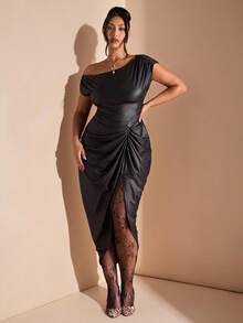 SHEIN BAE Plus Size Women Black Asymmetric Shoulder PU Elegant Long Slit Dress,Summer Formal Evening Night Out Club Wedding Guest Birthday Halloween Hoco Dress - Black - View 2