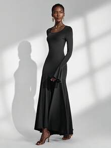 Almamuse Black Elegant Dress, Square Neck Fishtail Hem Design, Fitted Silhouette, Fashionable & Versatile, Women Long Dress, Autumn/Spring - Black - View 4