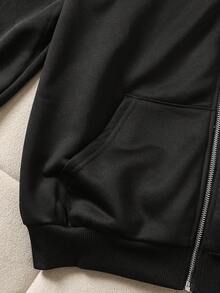 SHEIN 少女休闲针织卫衣外套，带刺绣、拉链和口袋，适合周末、休闲外出、返校、秋冬季穿着。少女拉链卫衣，带帽黑色外套，短款外套，黑色卫衣，秋季黑色拉链卫衣。 - 黑色 - 查看 9