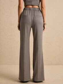 Poéselle 女士复古休闲通勤喇叭裤，商务休闲，新年优雅秋冬款 - 咖啡棕 - 查看 2