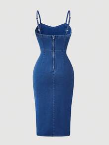 SHEIN MOD Váy denim hở vai hở vai mùa hè cỡ lớn - Màu xanh lam - Xem 2