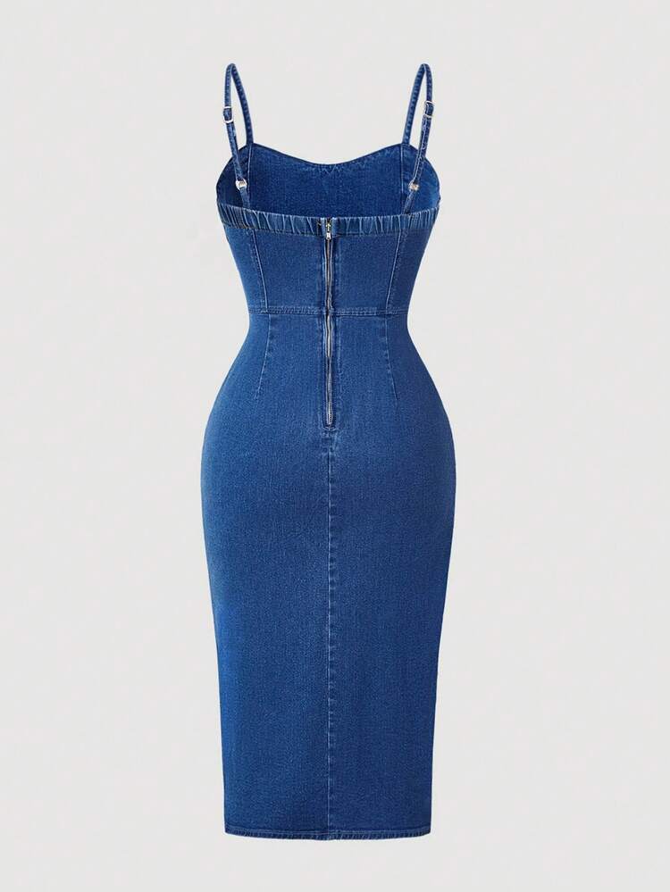 SHEIN MOD 大码夏季休闲开衩吊带牛仔连衣裙 - 藍色 - 查看 2