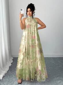 Elenzga Váy lưới hoa dệt tay không tay thanh lịch cỡ lớn cho nữ - màu xanh lá - Xem 5