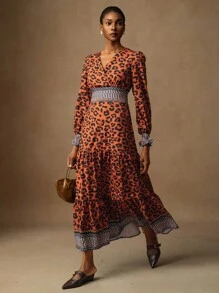 Vesra Rochie elegantă de damă cu imprimeu leopard și decolteu încrucișat - Maro - Vizualizare 6